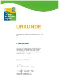 Die CEPAQ GmbH ist Teilnehmer am Umwelt + Klimapakt Bayern! cepaq-umwelt-klimapakt-urkunde